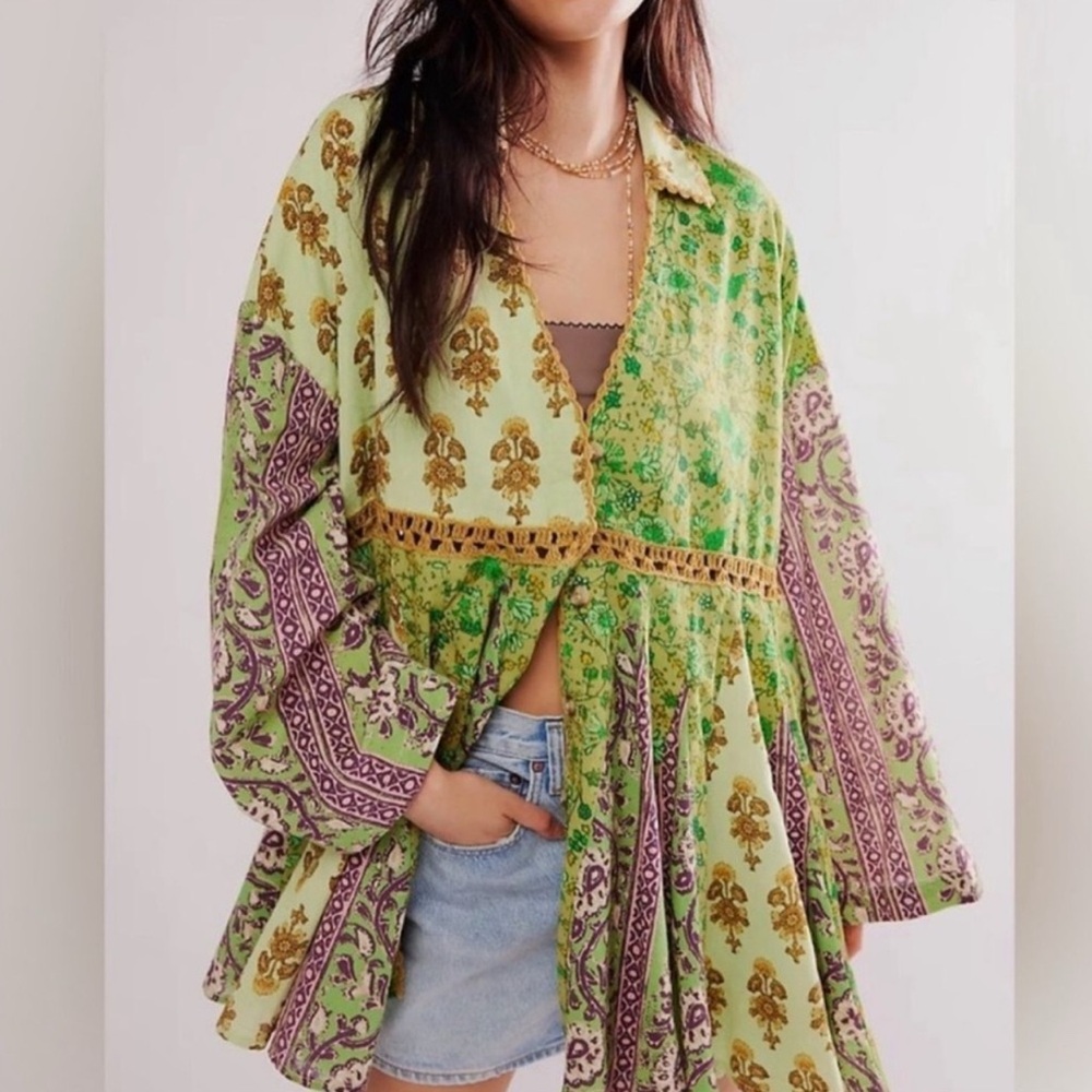NWOT Free People Hazy Baby Boho
Printed Mini Dress - Green Combo XS